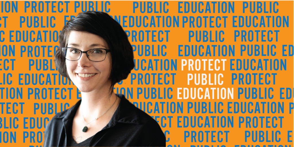 image of Erin Evans in front of a pattern background spelling protect public education